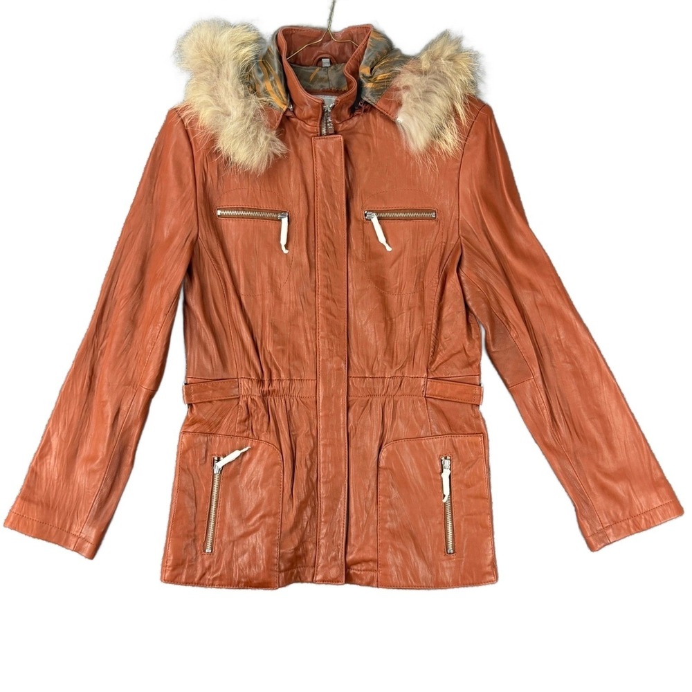 Juliet Michelle Womens L Brown Lambskin Leather Parka Jacket Fur Detachable Hood